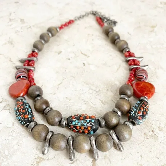 CHICOS Necklace Colorful Beaded Double Strand Tribal Red Brown Silver Vintage - Picture 9 of 11